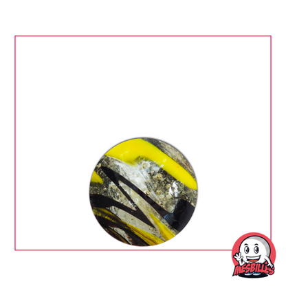 Photo of a 16 mm round marble with black and yellow zebra patterns on a translucent background, sold individually on My-Glassmarbles.