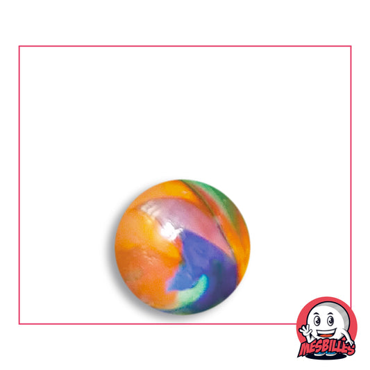 Bille Speedy Orange et Bleu 16 mm Collector en verre orange, mauve rosé et bleu violacé, à touches vertes et turquoise, vue de dessus, 16 mm de diamètre
