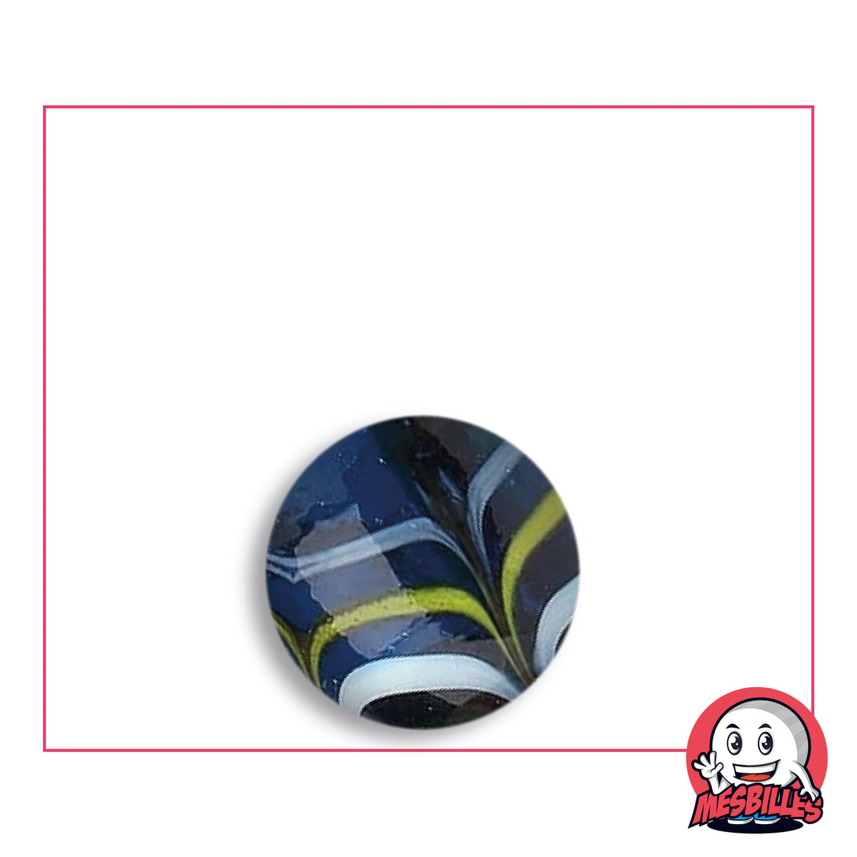 Bille Spider Bleu 16 mm Collector en verre bleu nuit à filets blancs et jaune-vert en plume, vue de dessus, 16 mm de diamètre