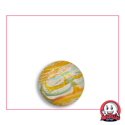 Bille Spider Orange et Bleu 16 mm Collector en verre clair à rubans jaune orangé et filets bleu ciel, vue de dessus, 16 mm de diamètre