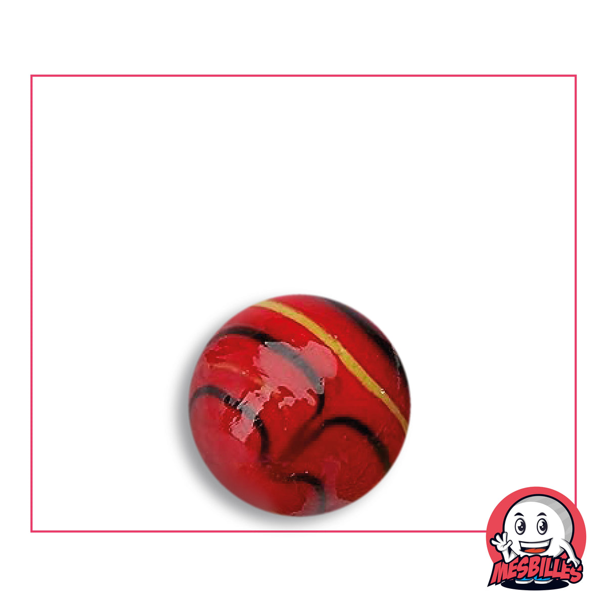 Bille Spider Rouge 16 mm Collector en verre rouge opaque à filets noirs en arcs et filet jaune, vue de dessus, 16 mm de diamètre