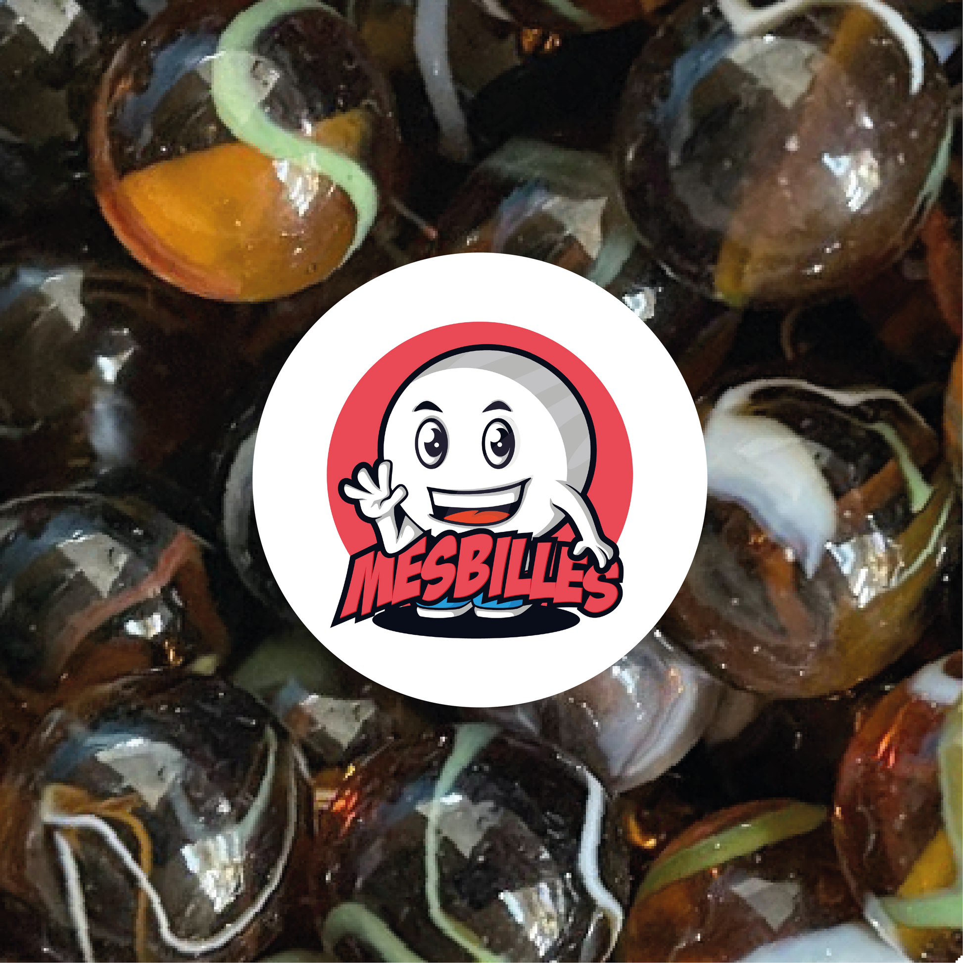 Image of the My-Glassmarbles Mascot surrounded by 14 mm Marbles - Dark Amber Translucent Glass with Green and White stripes