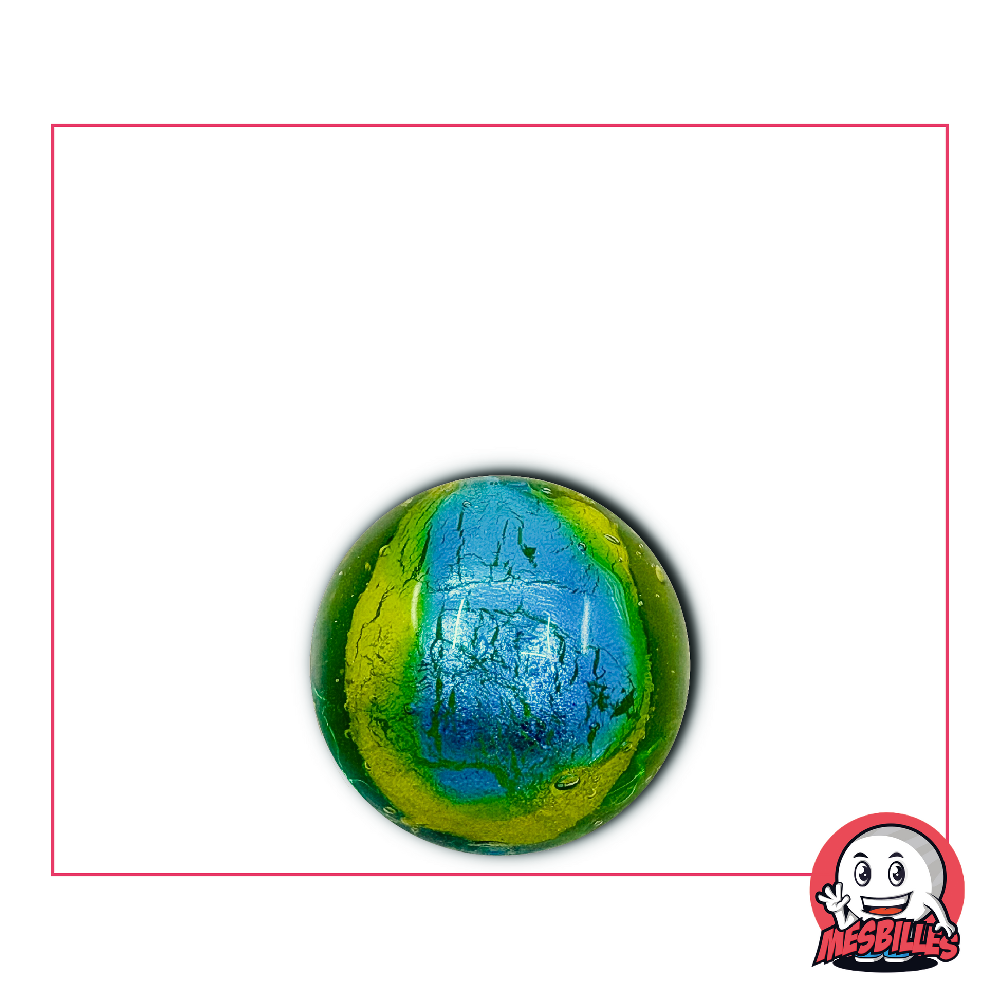16 mm hand-crafted glass Marble in blue-green shades reminiscent of a planet seen from space, with emerald and turquoise nuances.
