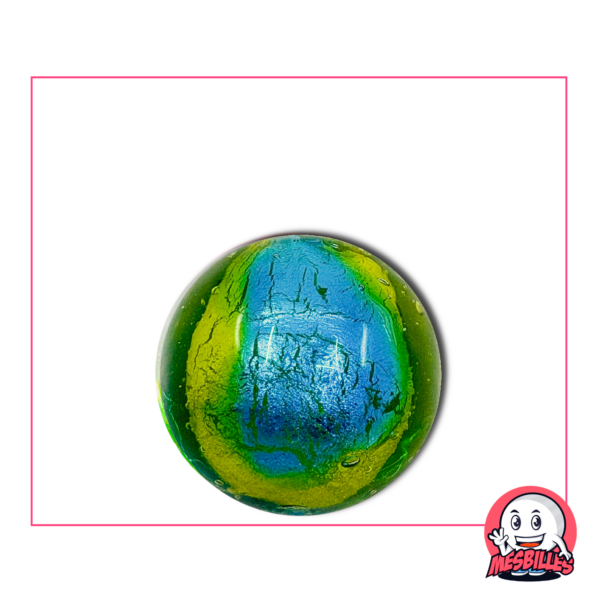 Large 22 mm glass Marble with a unique visual effect, combining deep blues and emerald greens reminiscent of a mystical planet.