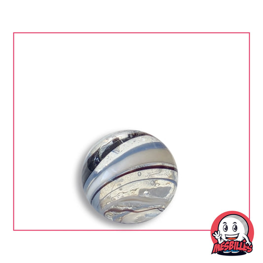 Bille Tortitta Noir et Blanc 16 mm Collector en verre transparent à bande blanc grisé et rayures noires, vue de dessus, 16 mm de diamètre