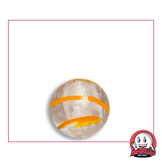 Bille Tourbillon Orange 16 mm Collector en verre clair à bandes orange vif enroulées en spirale autour d'un cœur givré d'aspect argenté, vue de dessus, 16 mm de diamètre