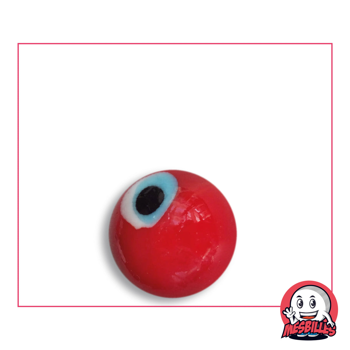 Bille Zombie 16 mm KimPlay Collector en verre rouge avec un oeil bleu ciel cerné de blanc, vue de dessus, 16 mm de diamètre