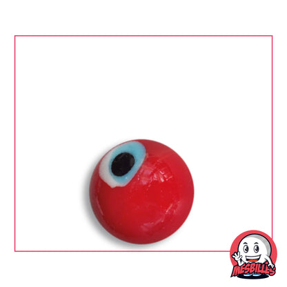 Bille Zombie 16 mm KimPlay Collector en verre rouge avec un oeil bleu ciel cerné de blanc, vue de dessus, 16 mm de diamètre