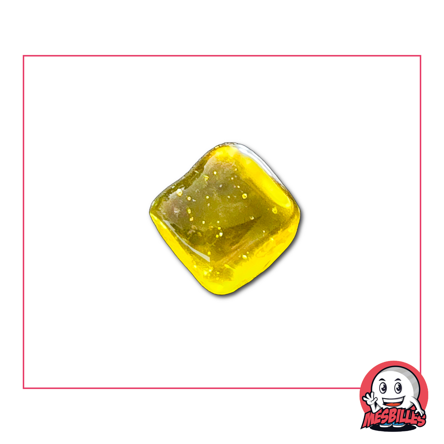 Photo of a flat marble in the shape of a square, translucent yellow, 2 cm, sold individually on My-Glassmarbles.