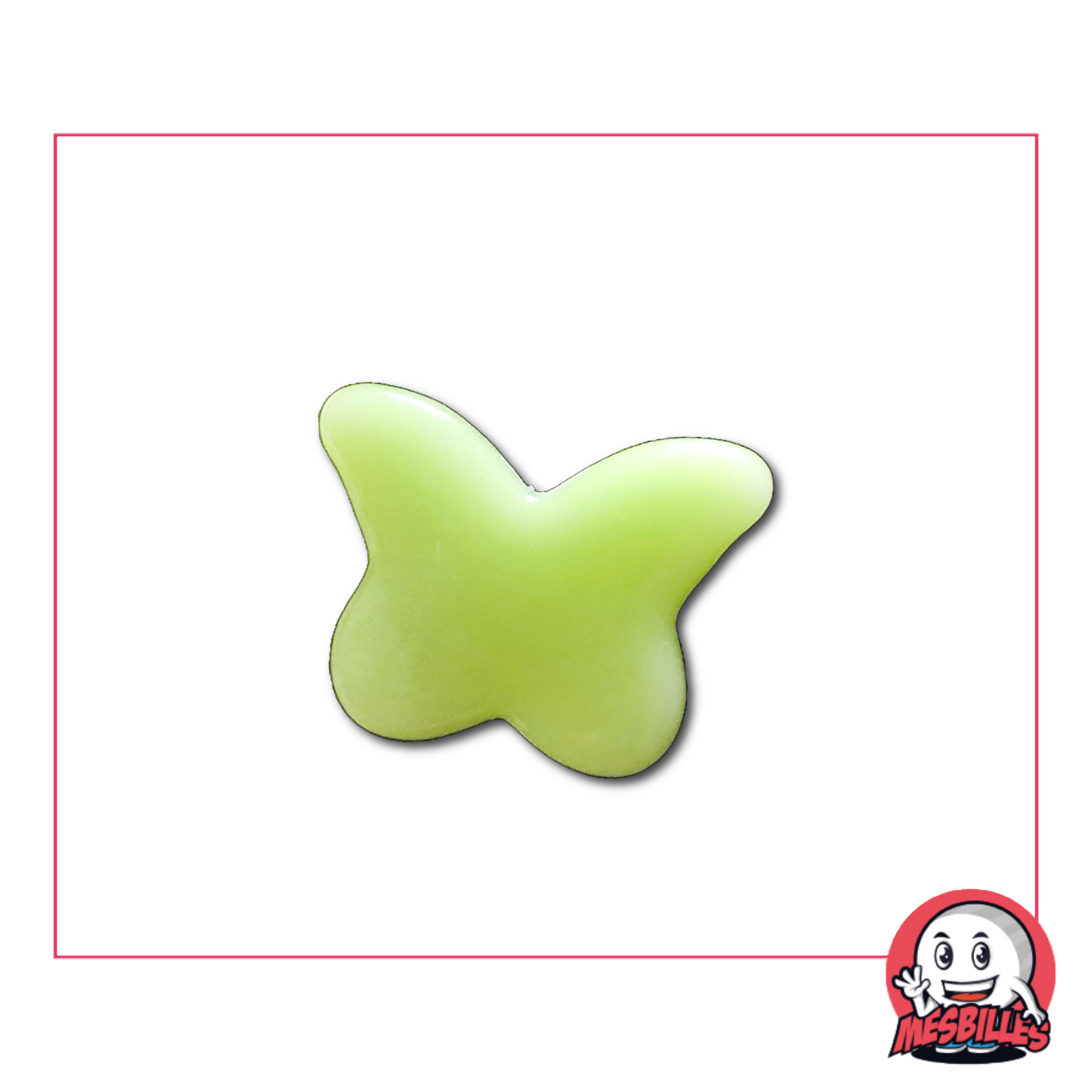 Pearl butterfly marble, yellow-green, extra-flat - front view, isolated against a neutral background