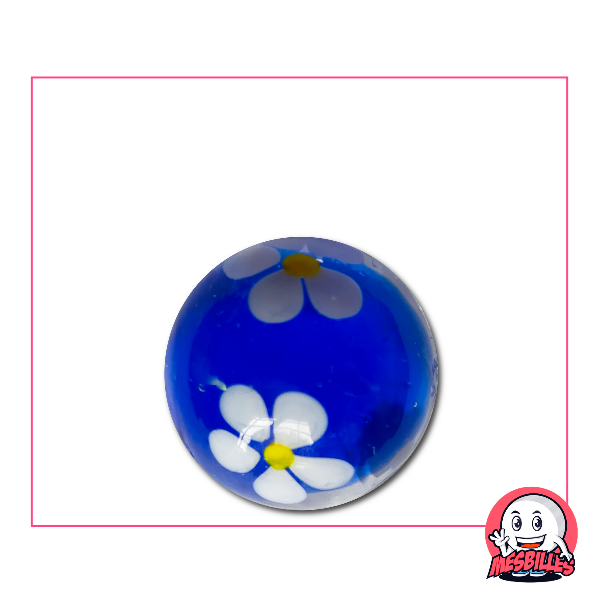 Large 22 mm blue Marble containing a white flower with five petals, frozen in the centre of a transparent glass.
