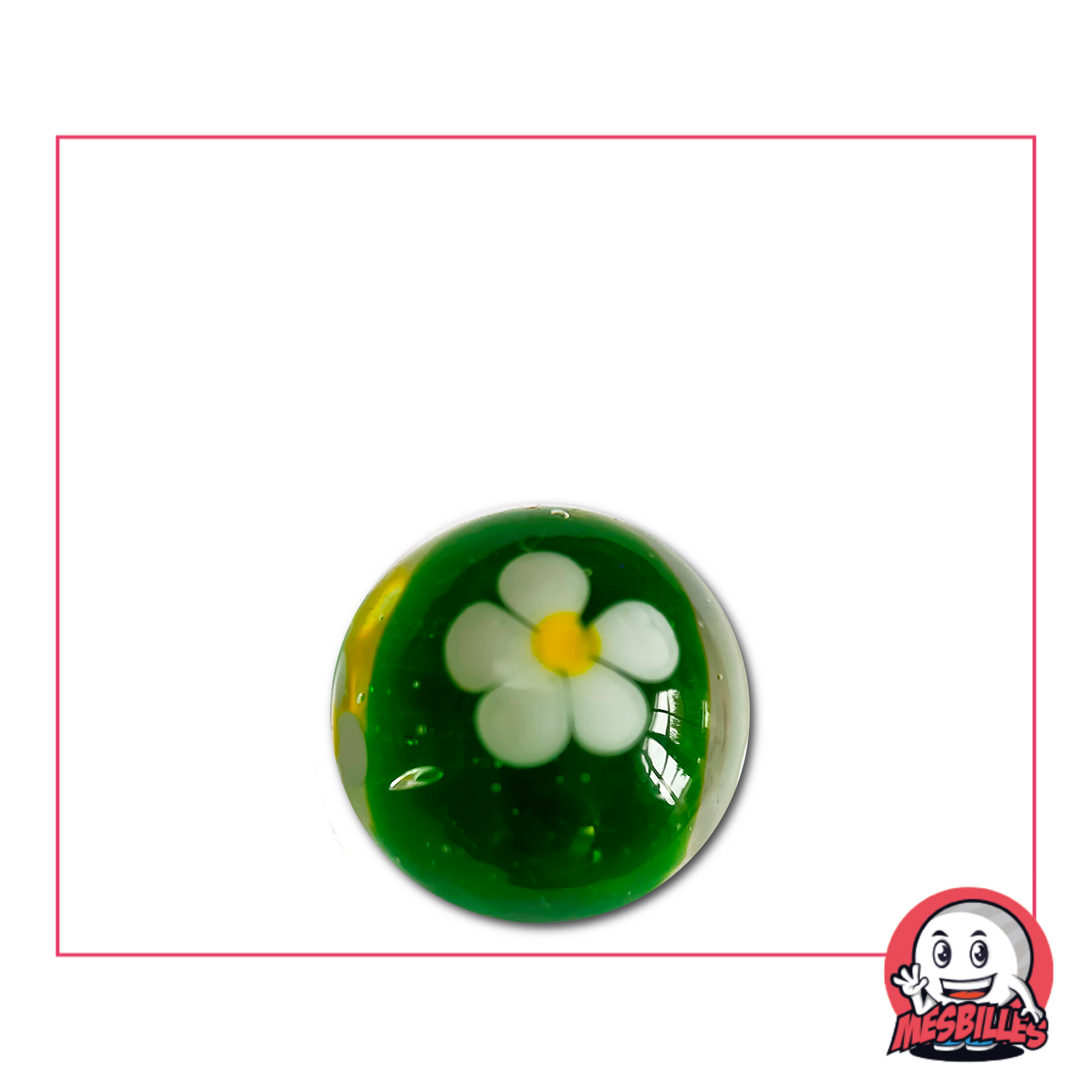 16mm Green Marble with a five-petalled white flower encased in glass, artisan style