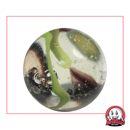 Photo of a 50 mm round marble in clear glass, with green, black and brown scrolls inside, sold individually on My-Glassmarbles.