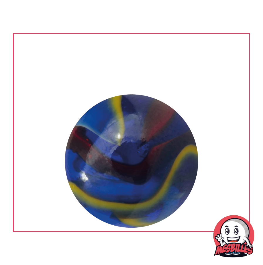 25 mm blue glass Michelangelo marble with red, white and yellow stripes - My-Glassmarbles