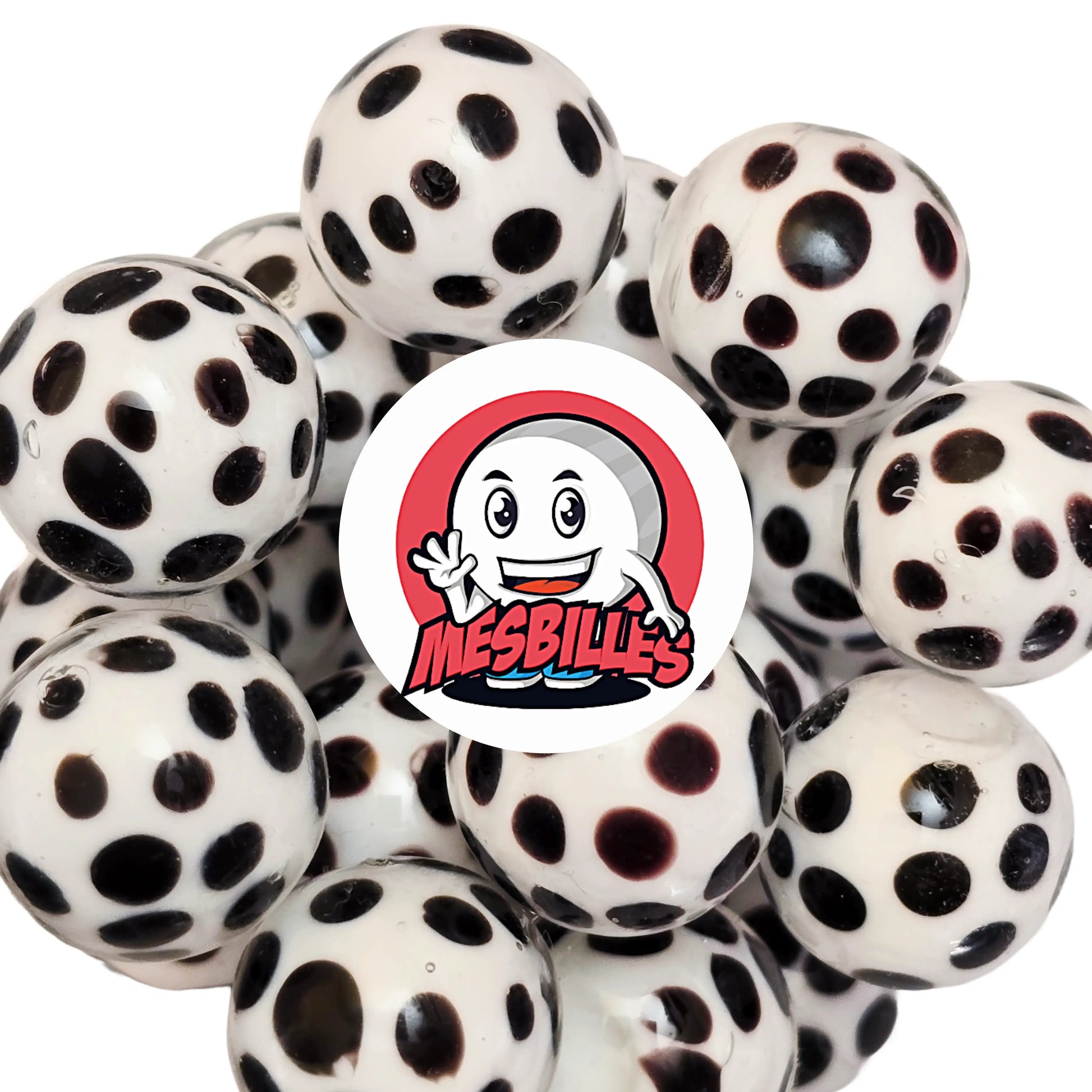 Lot de billes art dalmatien noires et blanches à pois – diamètre 16 mm