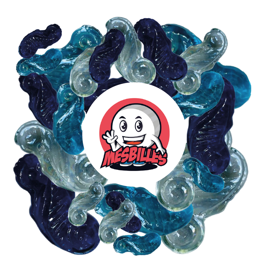 Image of the My-Glassmarbles Mascot surrounded by flat blue-intense translucent glass Hippocampus marbles, size 30 mm