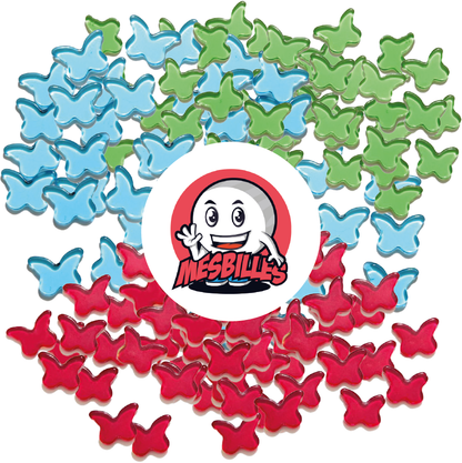 Image of the My-Glassmarbles Mascot surrounded by Extra-flat Butterfly Marbles in Blue Translucent Glass - My-Glassmarbles