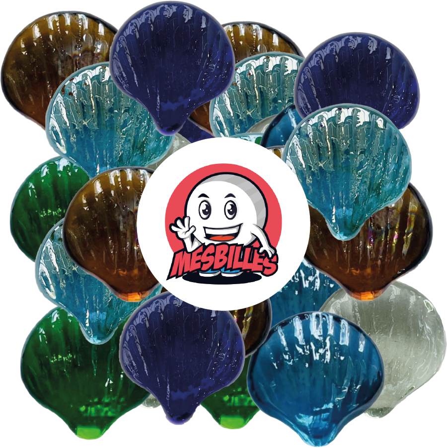 Image of the My-Glassmarbles Mascot surrounded by Crystal Shell marbles, the range of Shaped Marbles at My-Glassmarbles