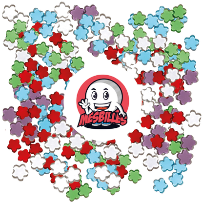 Image of the My-Glassmarbles Mascot surrounded by Red Translucent Glass Extra-Flat Marbles - My-Glassmarbles