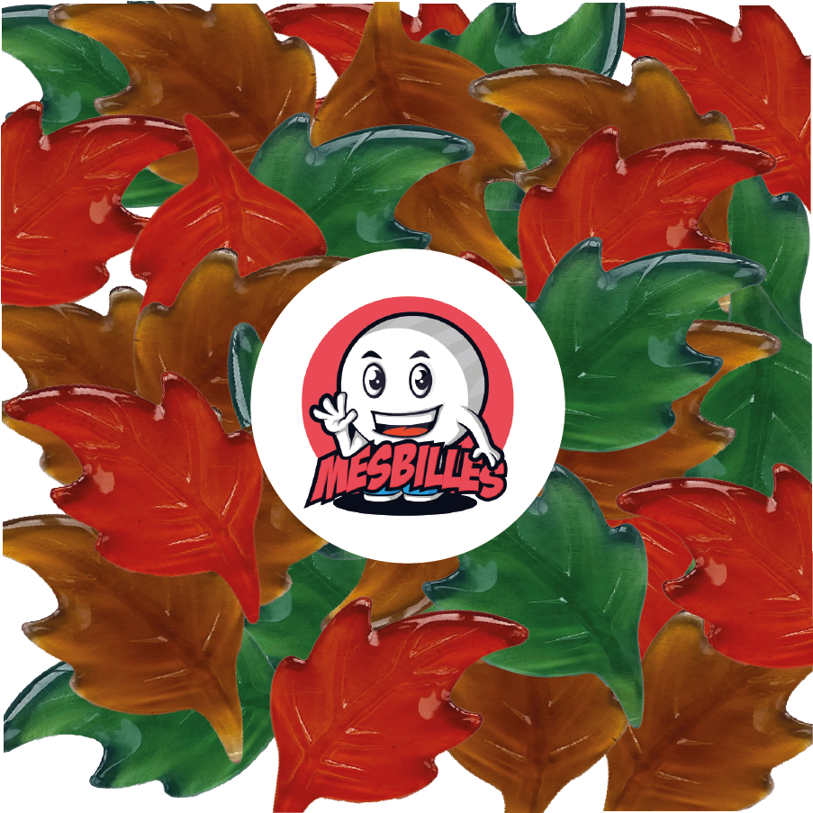 Image of the My-Glassmarbles Mascot surrounded by Extra-Flat Amber Leaf Marbles in Translucent Glass - Decoration, Play and Collection - My-Glassmarbles
