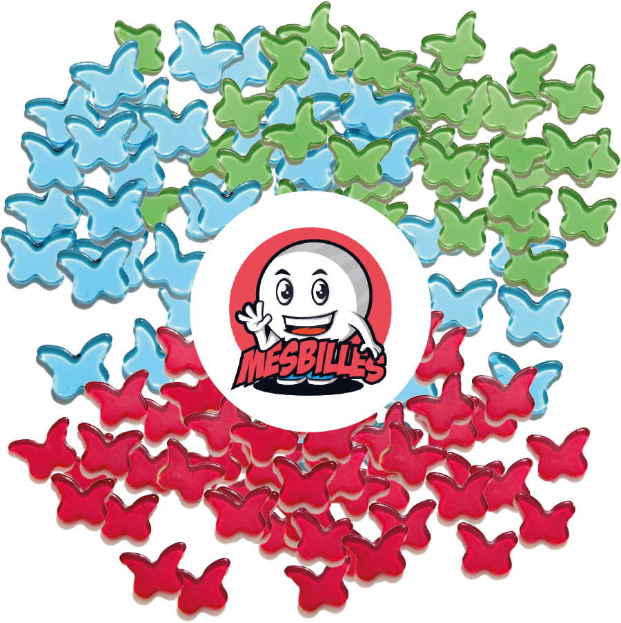 Image of the My-Glassmarbles Mascot surrounded by Extra-flat Butterfly Marbles in Red Translucent Glass - My-Glassmarbles