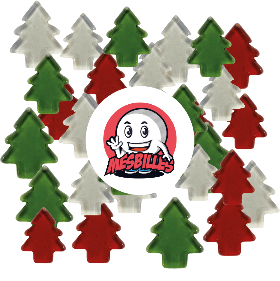 Image of the My-Glassmarbles Mascot surrounded by Extra-Flat Translucent Glass Crystal Fir Marbles - Decoration and Magic Game - My-Glassmarbles