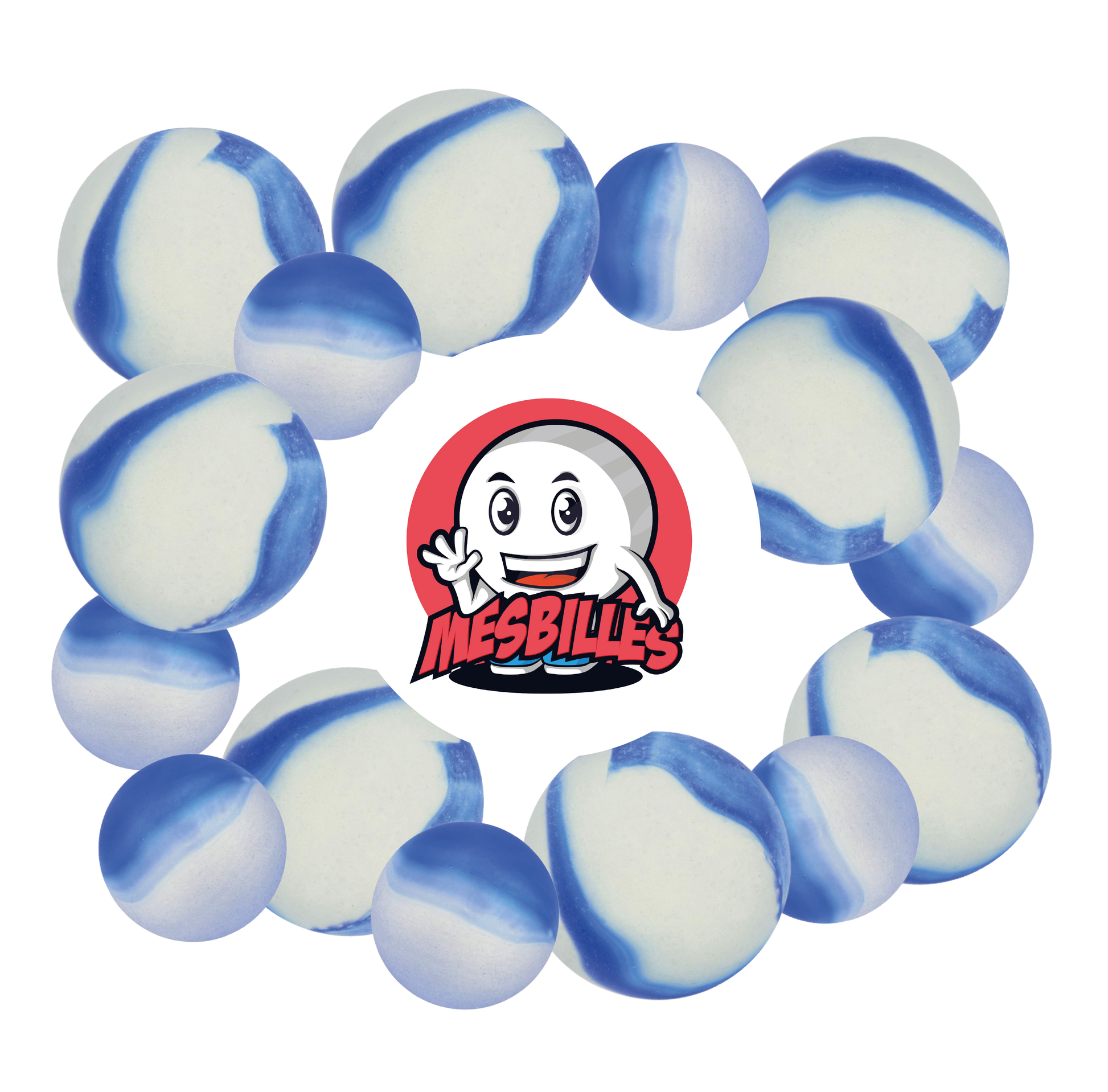 Image of My-Glassmarbles Mascot surrounded by Frosted Marbles - Glass Marble Frosted Blue 14 mm My-Glassmarbles