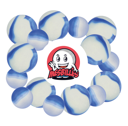 Image of My-Glassmarbles Mascot surrounded by Frosted Marbles - Glass Marble Frosted Blue 16 mm My-Glassmarbles
