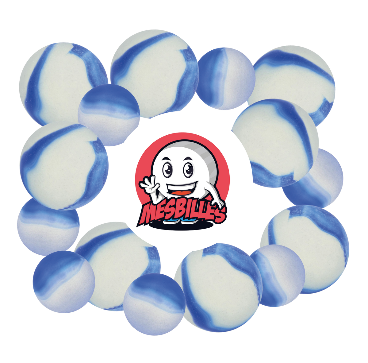 Image of My-Glassmarbles Mascot surrounded by Frosted Marbles - Glass Marble Frosted Blue 22 mm My-Glassmarbles