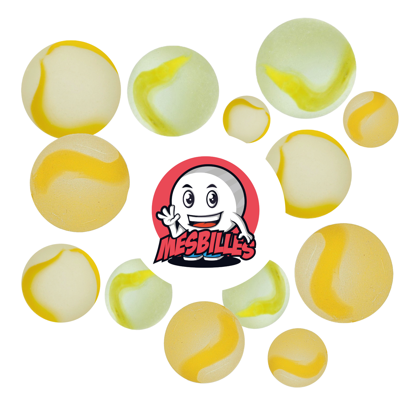 Image of My-Glassmarbles Mascot surrounded by Frosted Marbles - 35 mm Yellow striated frosted glass marble My-Glassmarbles