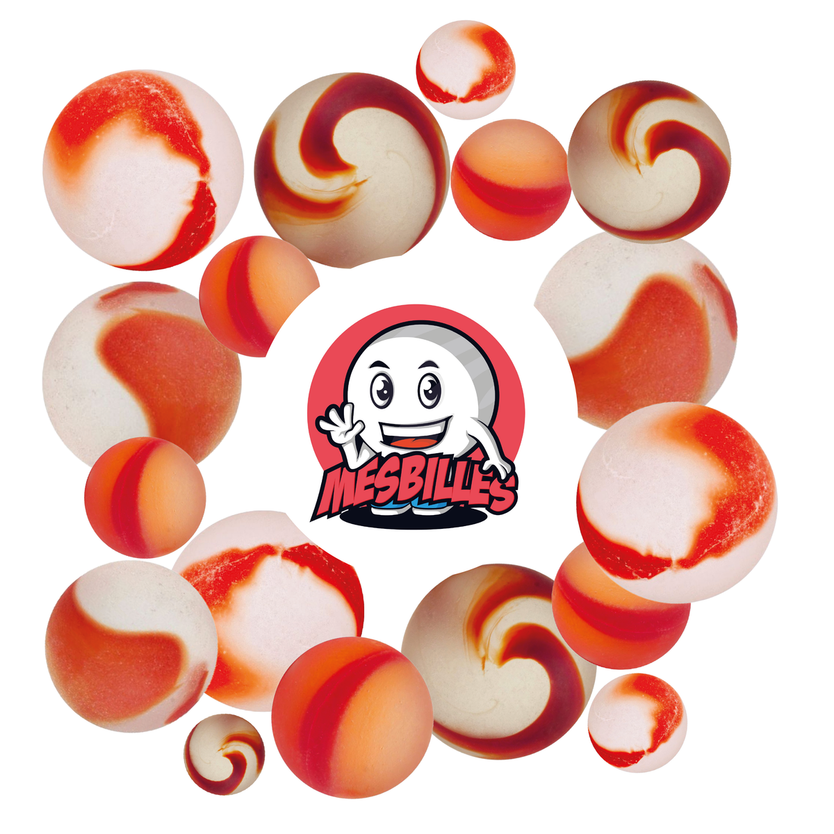 Image of the My-Glassmarbles Mascot surrounded by Frosted Marbles - Red striated frosted glass marble 35 mm My-Glassmarbles