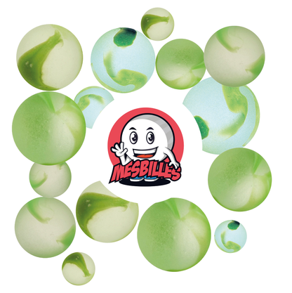 Image of the My-Glassmarbles Mascot surrounded by Frosted Marbles - Green Striated Frosted Glass Marble 35 mm My-Glassmarbles