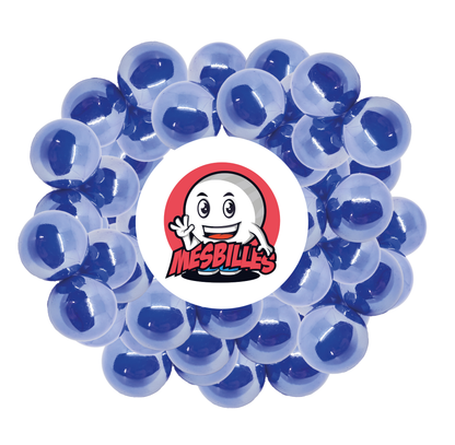 Image of the My-Glassmarbles Mascot surrounded by 16 mm Glossy Marbles - Opaque and Glossy Blue Glass - My-Glassmarbles