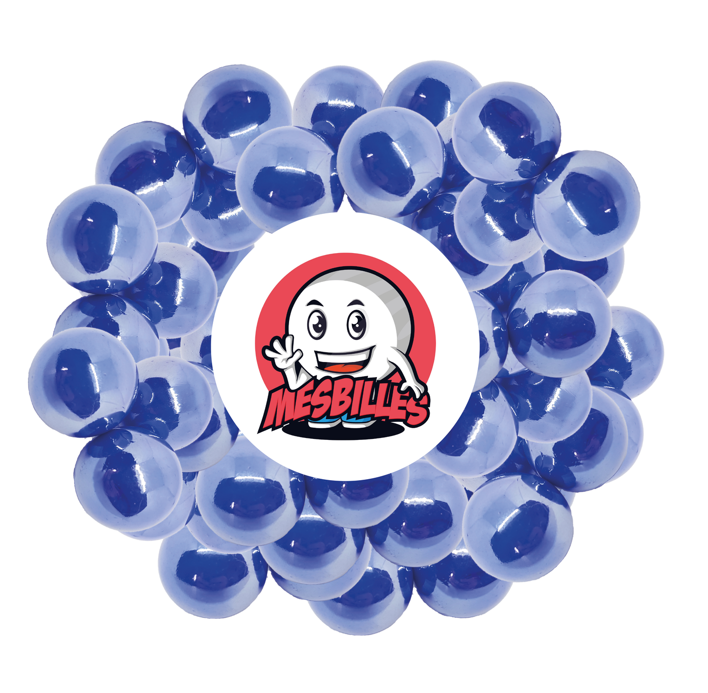 Image of the My-Glassmarbles Mascot surrounded by 25 mm Glossy Marbles - Opaque and Glossy Blue Glass - My-Glassmarbles