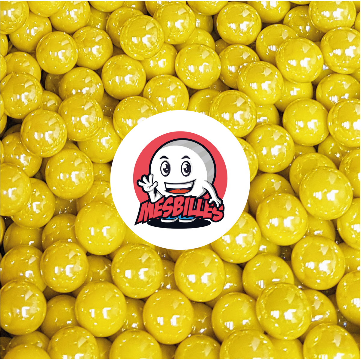 Image of the My-Glassmarbles Mascot surrounded by 14 mm Glossy Marbles - Opaque and Shiny Yellow Glass