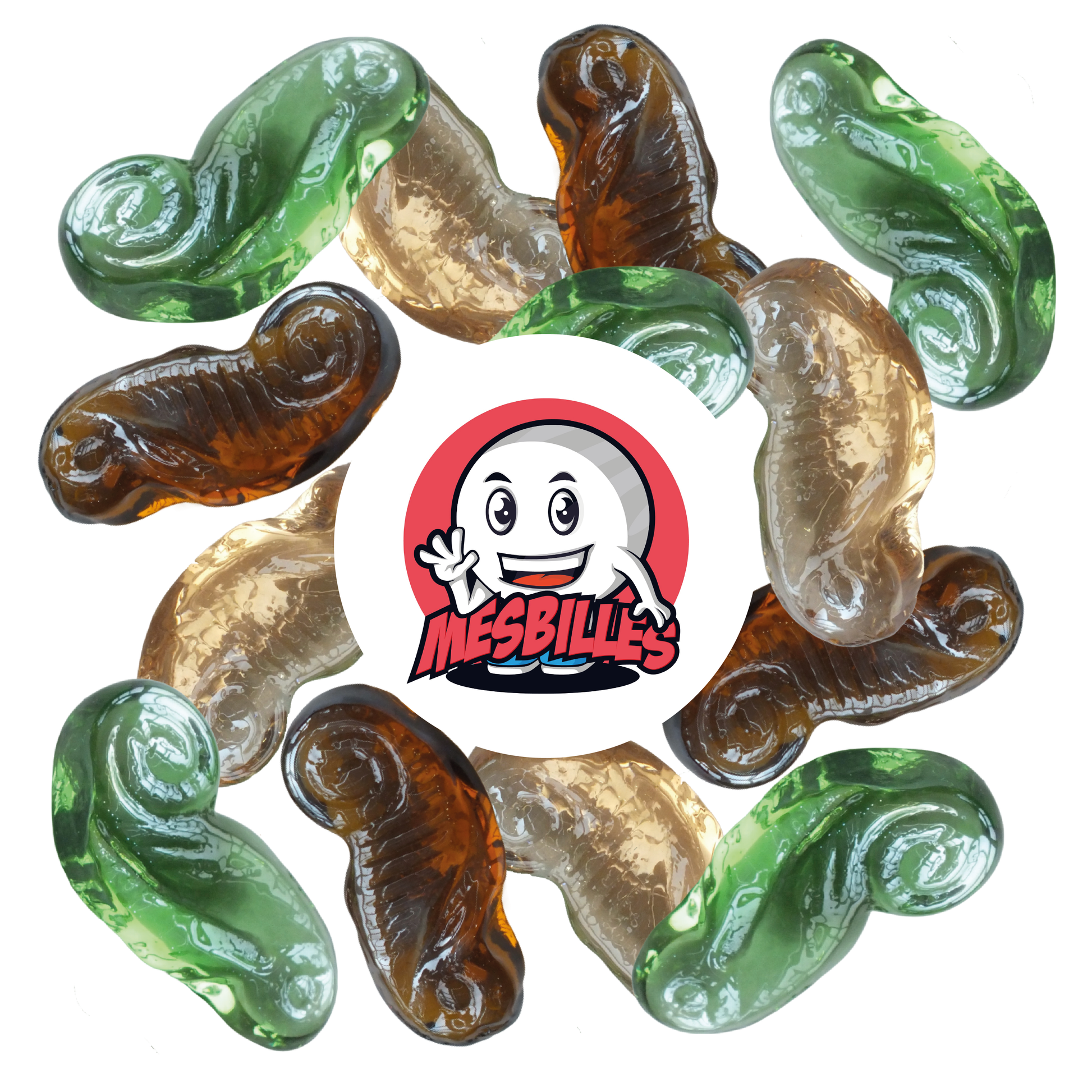 Set of three glass Seahorse marbles - Amber, Peach and Green, detailed shapes representing stylised seahorses, ideal for adding a marine touch to artistic creations.