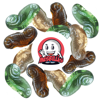 Set of three glass Seahorse marbles - Amber, Peach and Green, detailed shapes representing stylised seahorses, ideal for adding a marine touch to artistic creations.