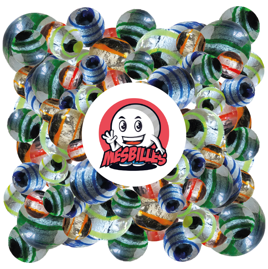 Image of Mes-Glassmarbles Mascot surrounded by Marbles Mes-Glassmarbles Dragon's Eye, 16mm, semi-opaque silver-black, striped greenMes-Glassmarbles Dragon's Eye, 16mm, semi-opaque silver-black, striped green