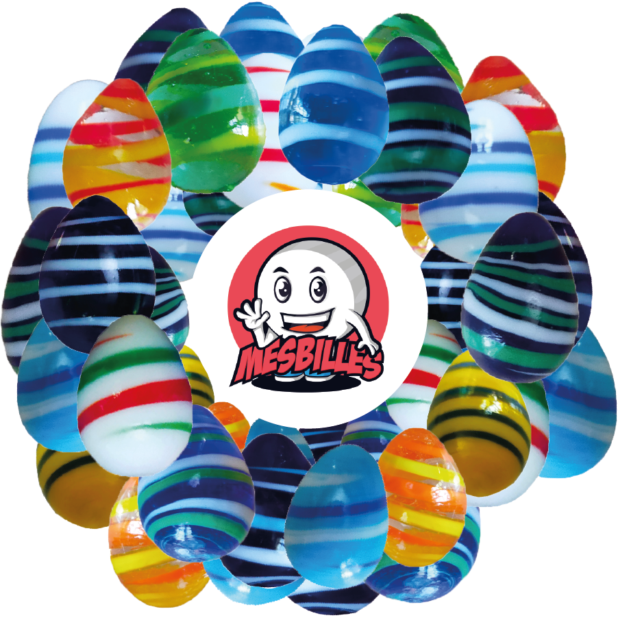 Image of the Mascot My-Glassmarbles surrounded by Marbles Egg My-Glassmarbles, unusual shape, translucent night-blue glass with green and white stripes, 25mmMarbles Egg My-Glassmarbles, unusual shape, translucent night-blue glass with green and white stripes, 25mm