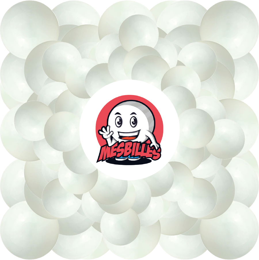 Image of the My-Glassmarbles Mascot surrounded by 14 mm Pearl Opaque Marbles - White Shiny Marbles