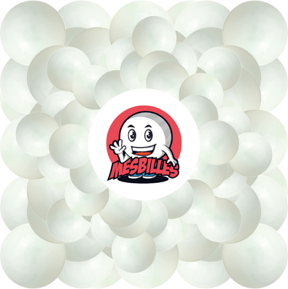 Image of the My-Glassmarbles Mascot surrounded by 16 mm Pearl Opaque Marbles - White Shiny Marbles