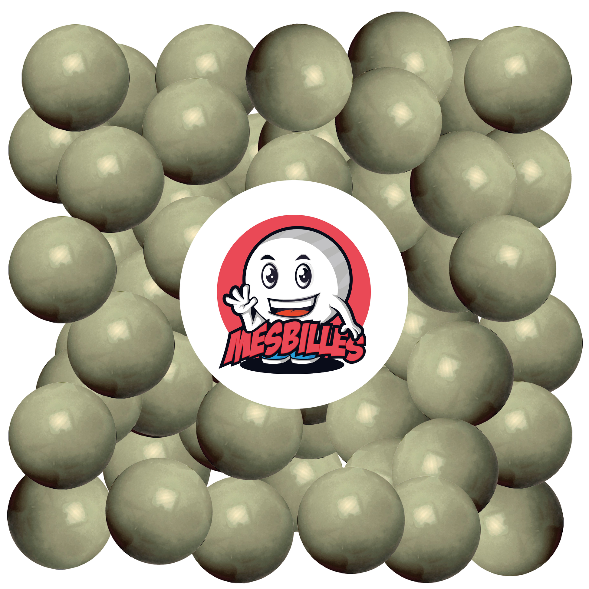 Image of the My-Glassmarbles Mascot surrounded by 14 mm Grey Pearl Marbles - Elegant and Mysterious Grey Opaque Glass