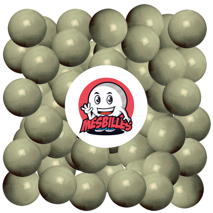 Image of the My-Glassmarbles Mascot surrounded by 25 mm Grey Pearl Marbles - Elegant and Mysterious Grey Opaque Glass