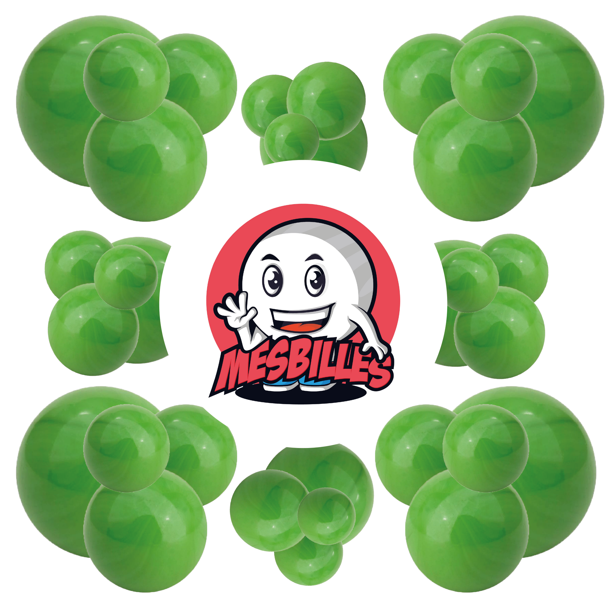 Image of the Mascot My-Glassmarbles surrounded by Marbles Green Opaque Pearl 14 mm Glass Marble | My-Glassmarbles