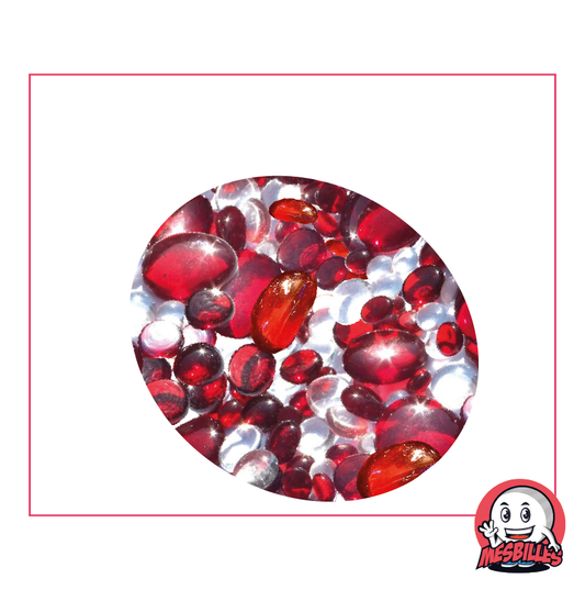 Flat Marbles, red and crystal mix, 30mm, 18mm, 12mm, translucent