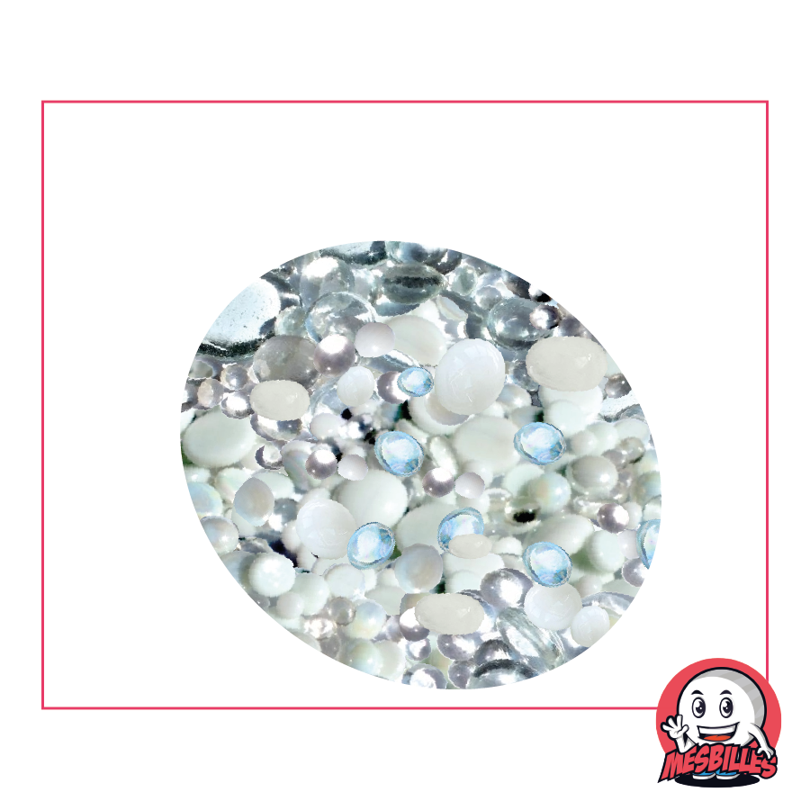250 gr Flat Marbles, mix white and crystal, 30mm, 18mm, 12mm, shiny