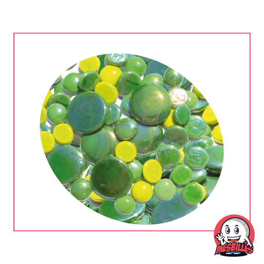 Set of green opaque and shiny Flat Marbles, 12mm to 30mm