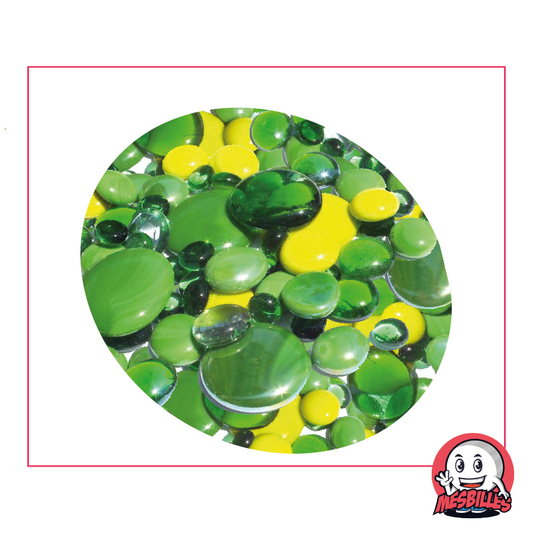 Flat Marbles in lime and green glass, translucent to shiny, 12mm-30mm