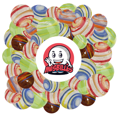 25 mm Cyclone Orange and Blue KimPlay marbles in Translucent glass and Multicolored marbles around the My-Glassmarbles Mascot