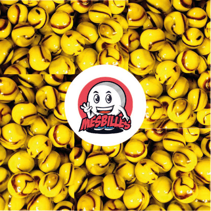 Image of the My-Glassmarbles Mascot surrounded by 35 mm Yellow Opaque Marble Beads with Brown stripes